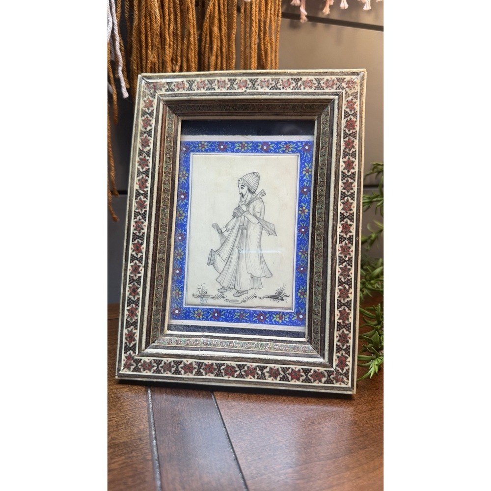 small PERSIAN PAINTING in Inlaid FRAME